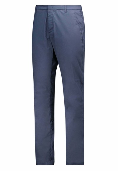 Pantaloni blu navy realizzati in un tessuto liscio, con chiusura a zip, tasche laterali e design a gamba dritta senza motivi visibili.