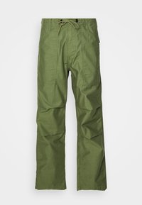 Olive green cargo pants made of lightweight fabric. Features include a drawstring waist, two front pockets, and a loose fit.