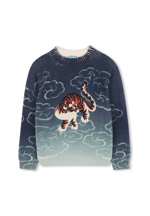 Navy blue sweater with light blue cloud patterns and a central design of an orange and white tiger walking among clouds.
