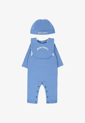 Combinaison en coton bleu pour nourrissons avec des manches longues, un chapeau assorti et un texte blanc. Équipée de fermetures à pression au bas et d'un col rond.