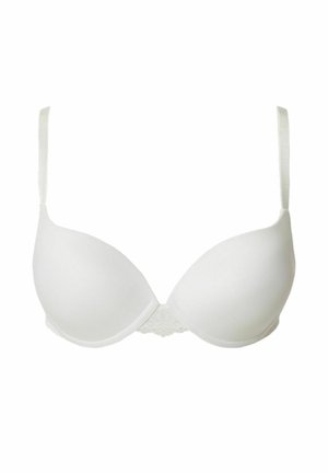 Witte gepolde beha met dunne verstelbare bandjes, kanten accenten op de rug, naadloze cups en een gladde, matte textuur.