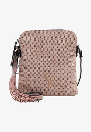 Pink perforated leather crossbody bag with a tassel accent, adjustable strap, and logo detail at the front. Zipper closure at the top.