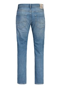 Τζιν παντελόνι ανοιχτού μπλε τζην από πίσω, με δύο εξωτερικές τσέπες, ίσια πόδια και δερμάτινη ετικέτα μάρκας στη μέση.