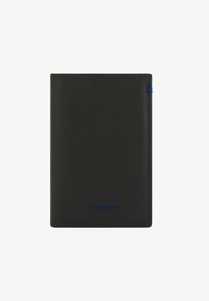 Portafoglio in pelle nera con cuciture blu, texture liscia, forma rettangolare, logo in rilievo sul fondo e un design minimalista.