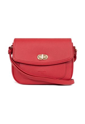 Borsa a tracolla rossa realizzata in pelle текстurizzata, con chiusura dorata, tracolla regolabile e un discreto logo in rilievo sulla parte anteriore.