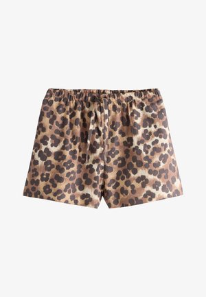 Shorts met luipaardprint, elastische tailleband en vooraan strik, met bruine, zwarte en beige vlekken op lichtbruin stof.