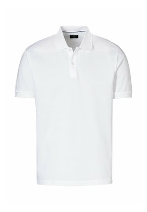 Weißes Poloshirt mit kurzen Ärmeln aus Baumwolle, mit klassischem Kragen, zwei-Knopf-Leiste und geradem Saum.