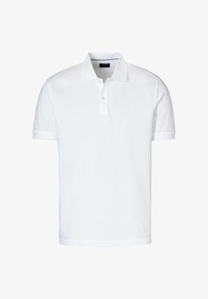 Weißes Poloshirt mit kurzen Ärmeln aus Baumwolle, mit klassischem Kragen, zwei-Knopf-Leiste und geradem Saum.