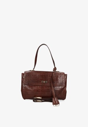 Borsa in pelle marrone scuro con texture coccodrillo, tracolla, patta frontale e dettagli in metallo dorato.