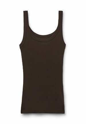 Dunkelbraunes Tanktop mit einer figurbetonten Passform. Es hat eine gerippte Textur, breite Schulterträger und einen runden Ausschnitt.