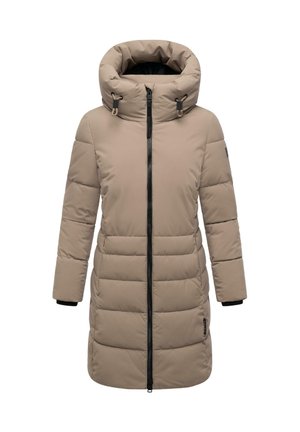 Lang beige polstret vinterfrakke med høj krave, frontlynlås og lange ærmer designet til koldt vejr.