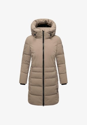 Lang beige polstret vinterfrakke med høj krave, frontlynlås og lange ærmer designet til koldt vejr.