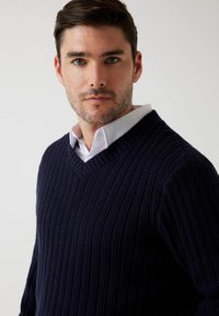 Uomo con capelli corti e scuri e leggera peluria che indossa una camicia bianca con colletto sotto un maglione a V a coste di colore blu scuro.