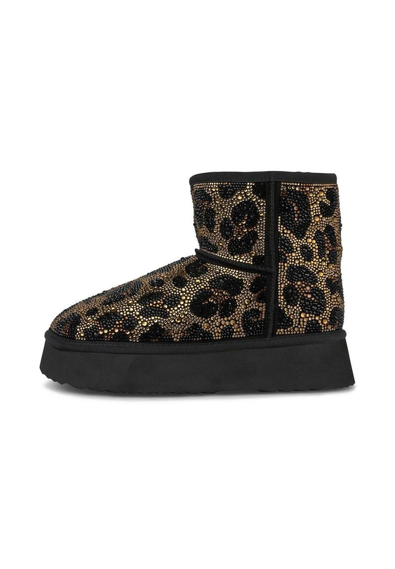 Kurze schwarze Plateaustiefelette mit Leopardenmuster, die mit kleinen goldenen und schwarzen Strasssteinen bedeckt ist.