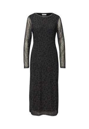Long black dress with leopard print, featuring sheer long sleeves and a round neckline. Smooth texture and straight silhouette.