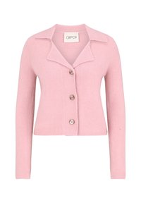 Weicher pinker langärmliger Cardigan mit weitem Kragen, drei marmorierten Knöpfen auf der Vorderseite und gerippten Bündchen und Saum.