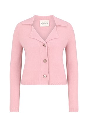 Cardigan lungo rosa chiaro con maniche lunghe e ampio colletto, tre bottoni marmorizzati sul davanti e polsini e orlo a coste.