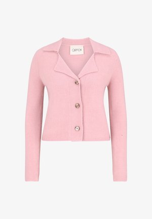 Soft pink long-sleeve cardigan with wide collar, three marbled buttons down front, and ribbed cuffs and hem.
