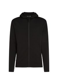Zwarte zip-up hoodie van lichtgewicht materiaal met een snug-fit, voorzien van een capuchon, lange mouwen en een rits aan de voorkant. Gladde textuur door het geheel.