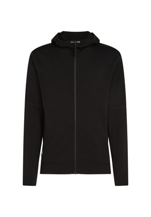 Black zip-up hoodie made of lightweight material with a snug fit, featuring a hood, long sleeves, and a front zipper. Smooth texture throughout.