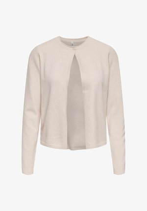 Licht beige cardigan met een ronde hals, een open voorzijde en lange mouwen. Gemaakt van zachte stof met een subtiele textuur en een enkele knoopsluiting.