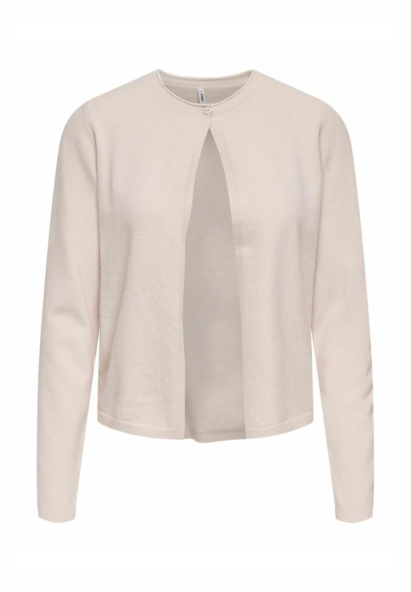 Cardigan beige clair avec un col rond, ouverture sur le devant et manches longues. Confectionné dans un tissu doux avec une texture subtile et une fermeture à un bouton.