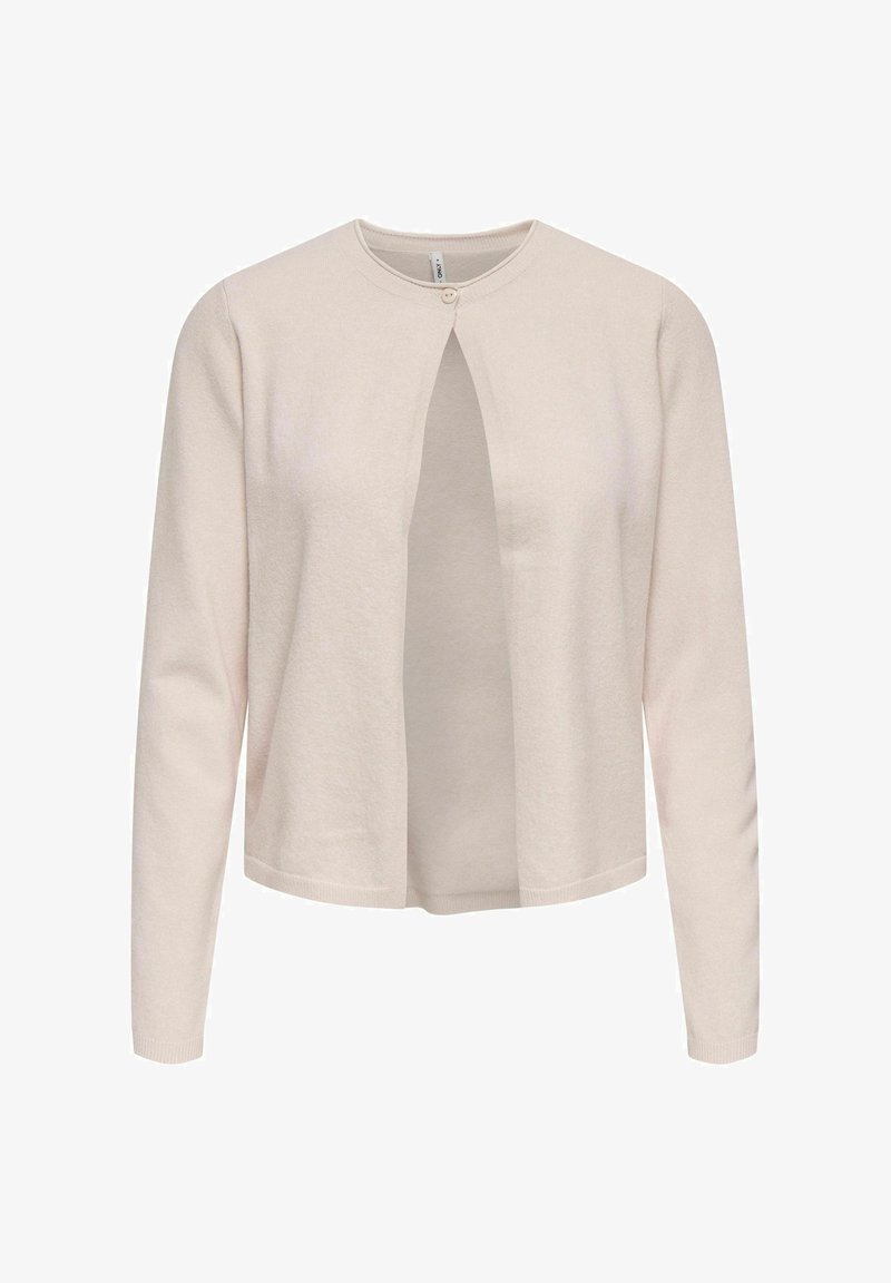 Cardigan beige clair avec un col rond, ouverture sur le devant et manches longues. Confectionné dans un tissu doux avec une texture subtile et une fermeture à un bouton.