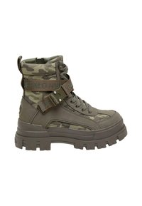 Botte de combat montante avec semelle épaisse, motif camouflage, lacets et deux sangles réglables portant l'étiquette "BUFFALO" en tons vert olive et marron.