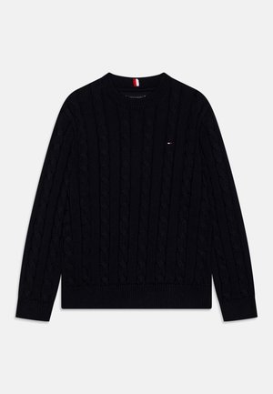 Maglione nero a maglia con collo rotondo, polsini e orlo a coste. Presenta un piccolo logo sul petto. Realizzato in tessuto testurizzato.