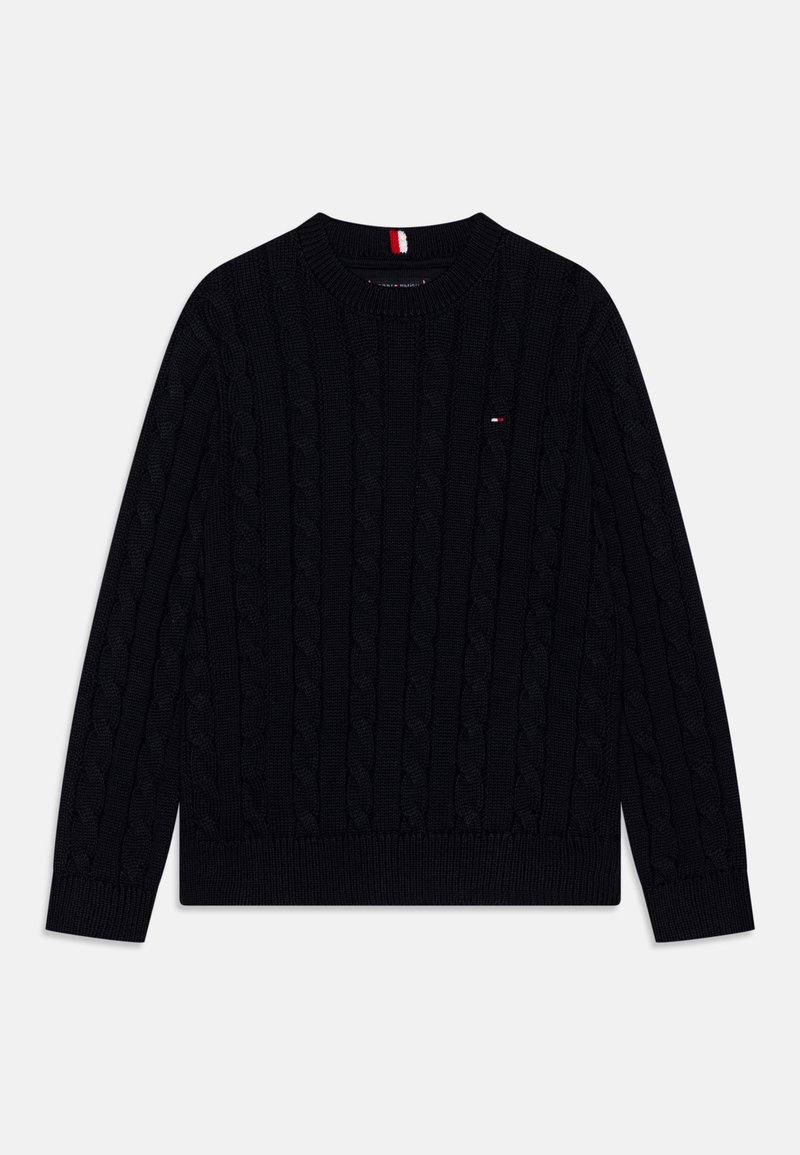 Maglione nero a maglia con collo rotondo, polsini e orlo a coste. Presenta un piccolo logo sul petto. Realizzato in tessuto testurizzato.