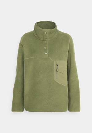 Olive green fleece pullover with a high collar, three buttons, and a zippered chest pocket. Soft texture with contrasting stitching details.