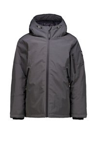 Chaqueta aislante gris con capucha, cremallera frontal, bolsillos laterales con cremallera y puños elásticos. Textura suave y material ligero.