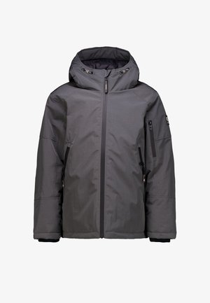 Veste isolée grise avec capuche, fermeture éclair à l'avant, poches latérales zippées et poignets élastiques. Texture lisse et matériau léger.