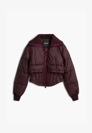Burgundy cropped puffer jacket with a high collar, ribbed cuffs, and vertical stitching details. Features a front zipper closure.