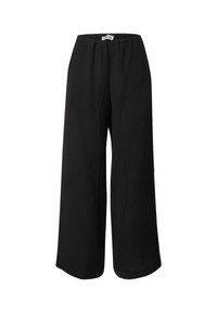 Schwarze weite Hosen aus strukturiertem Stoff mit elastischem Bund und ohne sichtbare Taschen. Glatte Oberfläche mit fließendem Fall.
