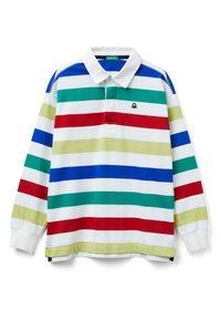 Polo tričko s dlouhým rukávem s vodorovnými pruhy v červené, modré, zelené a žluté barvě na bílém pozadí, s kontrastním límečkem a logem.