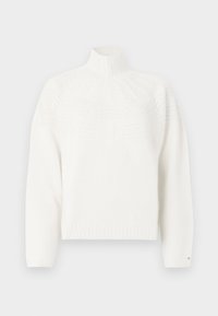 Suéter branco tricotado com colarinho alto, apresentando padrões texturizados na zona do peito e punhos e barra canelados. Material macio.