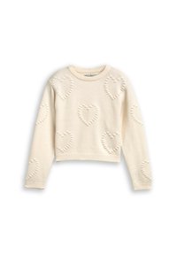 Cremfarbener, verkürzter Pullover mit einem gestrickten Herzmuster, geripptem Ausschnitt und Bündchen sowie weichem, strukturiertem Stoff.