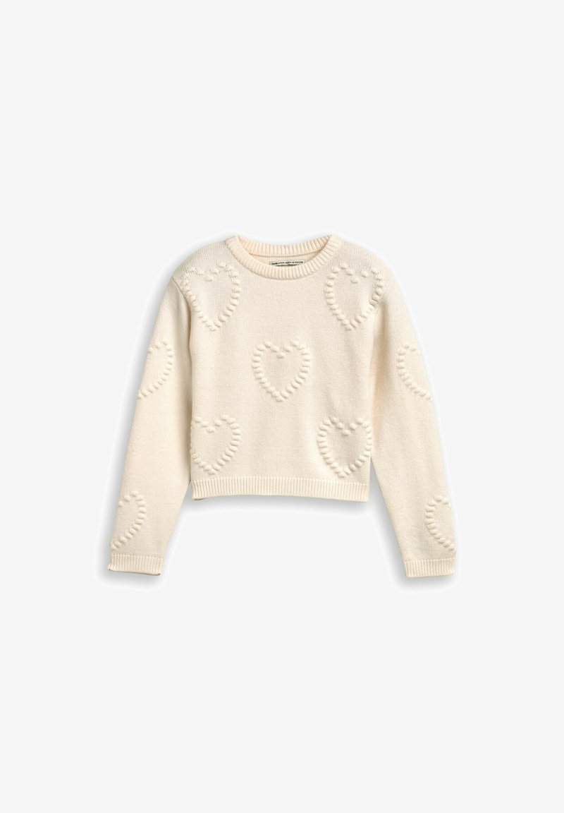 Cremfarbener, verkürzter Pullover mit einem gestrickten Herzmuster, geripptem Ausschnitt und Bündchen sowie weichem, strukturiertem Stoff.