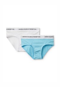 Two pairs of women’s cotton underwear: one white and one light blue, both with elastic waistbands featuring "United Colors of Benetton" branding.