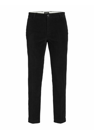 Pantaloni in corduroy neri con design a gamba dritta, dotati di chiusura con bottone, tasche anteriori e una fine texture a coste.