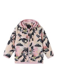 Fleece jacket featuring a pink and black pattern with cartoonish figures, a front zipper, and a soft texture. Hooded with elastic cuffs.
