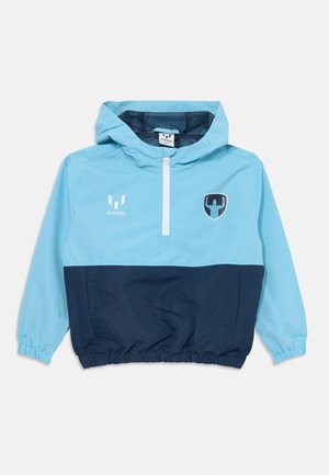 Light blue and navy hooded windbreaker with elastic cuffs, front zipper, logo on chest, and kangaroo pocket. Lightweight, smooth texture.