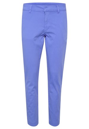 Lilac cotton trousers with a straight fit, featuring a zipper fly, belt loops, and a smooth texture. No visible patterns or embellishments.