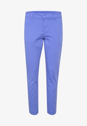 Pantalones de algodón lilas con corte recto, con cremallera en la bragueta, trabillas para el cinturón y una textura suave. Sin patrones ni adornos visibles.