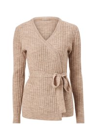 Cardigan in maglina a coste beige con scollo a V e design avvolgente, dotato di una cintura abbinata in vita e maniche lunghe.