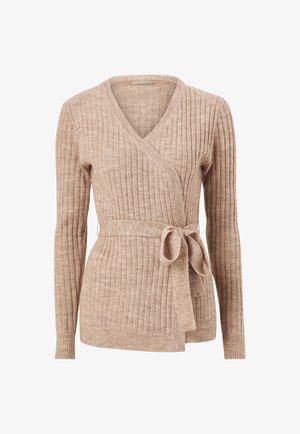 Beige ribbet strik cardigan med v-hals og omslag design, forsynet med et matchende bælte i taljen og lange ærmer.