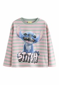 Long-sleeve, striped sweatshirt in green and pink featuring a cartoon character, Stitch, with the text "STITCH" below the graphic.