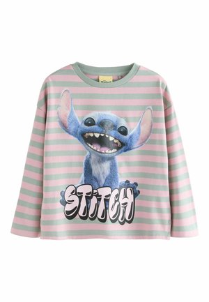 Long-sleeve, striped sweatshirt in green and pink featuring a cartoon character, Stitch, with the text "STITCH" below the graphic.