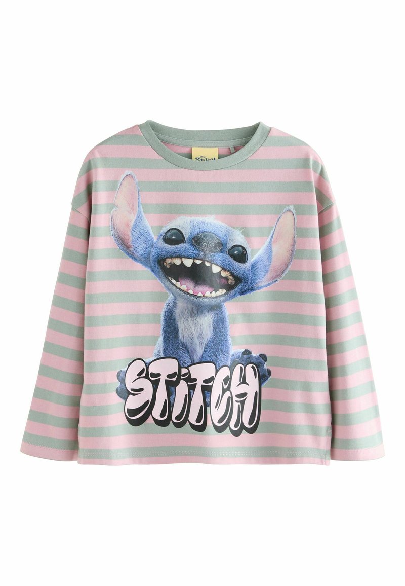 Long-sleeve, striped sweatshirt in green and pink featuring a cartoon character, Stitch, with the text "STITCH" below the graphic.